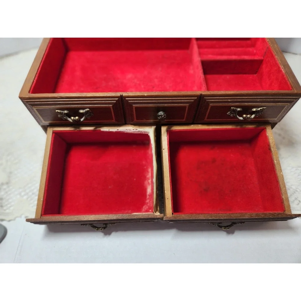 Vtg Wooden Musical Jewelry Box Organizer Storage with 2 Drawers 